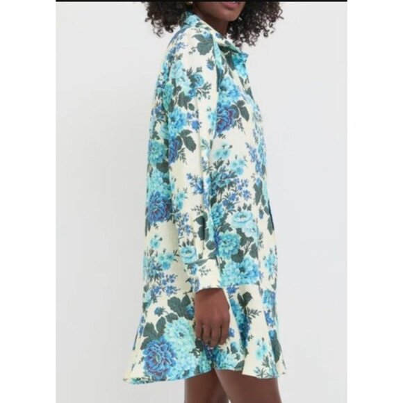 NWT Tuckernuck Wild Zinnia Linen Callahan Floral Shirt Dress Blue Cream Size XL - Picture 2 of 8